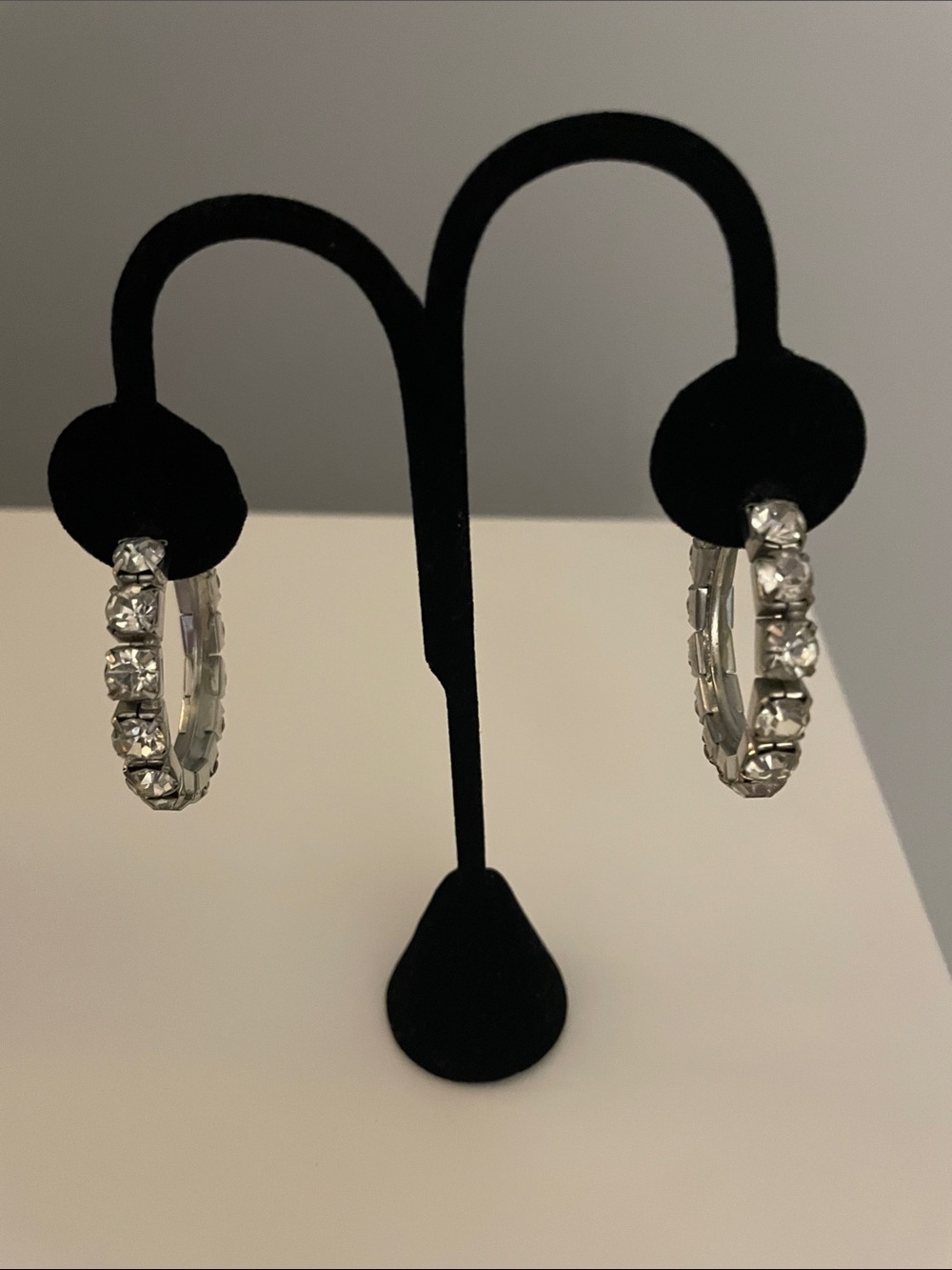 Silver Crystal Hoop Earrings - Sparkling Clear Stones 1 inch hoop